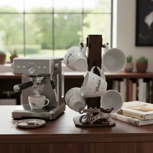 Xicara Porcelana Coração 70ml - Kit 6 Unidades Com Suporte Branco Coração