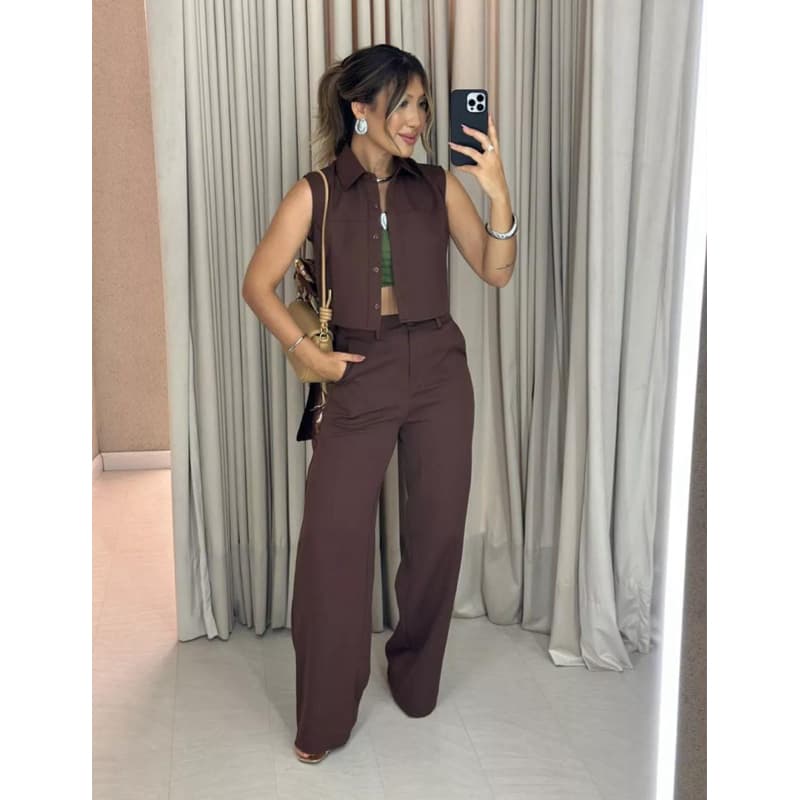 YAN FASHION Conjunto Alfaiataria Feminino Clássico Colete sem Mangas Calça de Cintura Alta