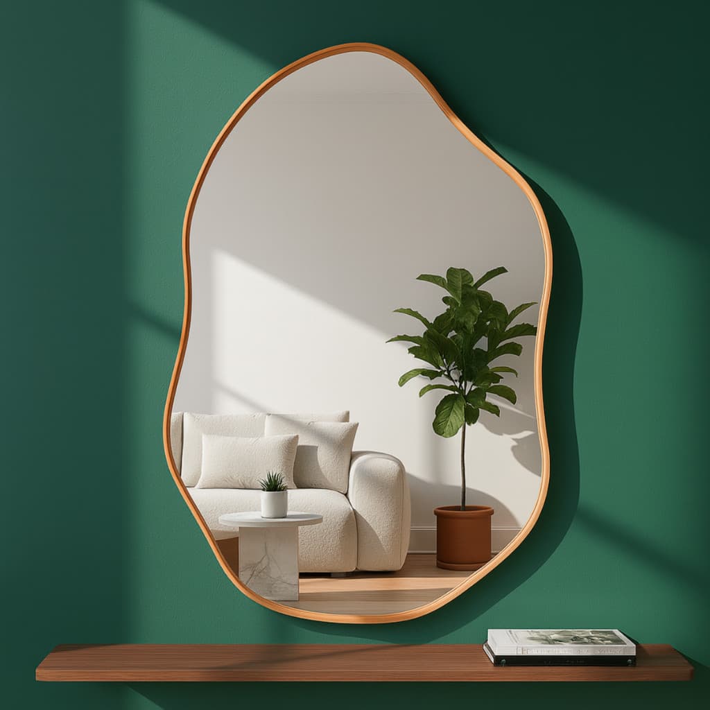 Espelho Orgânico 60x40 Couro Caramelo Suporte Metálico decoração Sala Penteadeira Quarto Banheiro