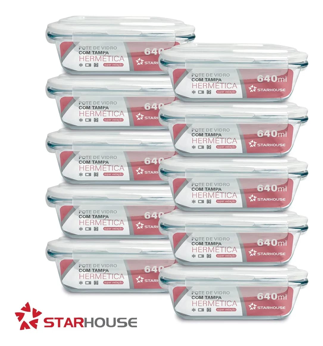Kit 10 Potes Vidro 640ml Hermético Marmita Forno Refratário Star House