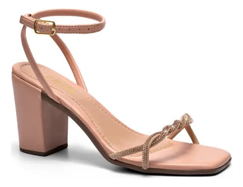 Sandália Feminina Salto Alto Confortável Tiras Strass Brilho