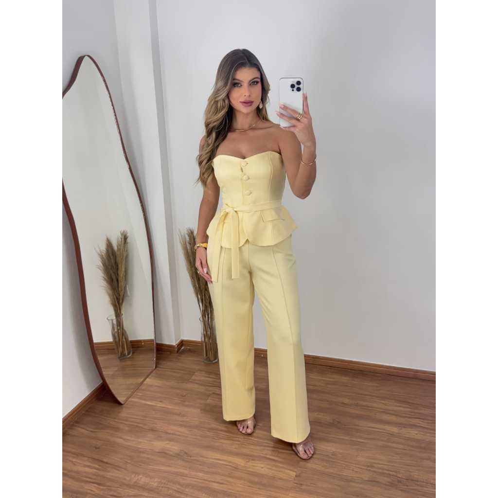 Conjunto Feminino Calça e Cropped Na Alfaiataria Chique Elegante Casual