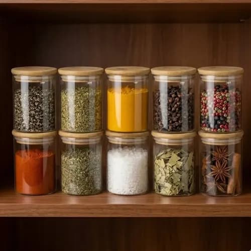 Kit 10 Potes De Mantimentos Herméticos Bambu 200ml Redondo De Vidro Tampa Vedação Alimentos Pítia