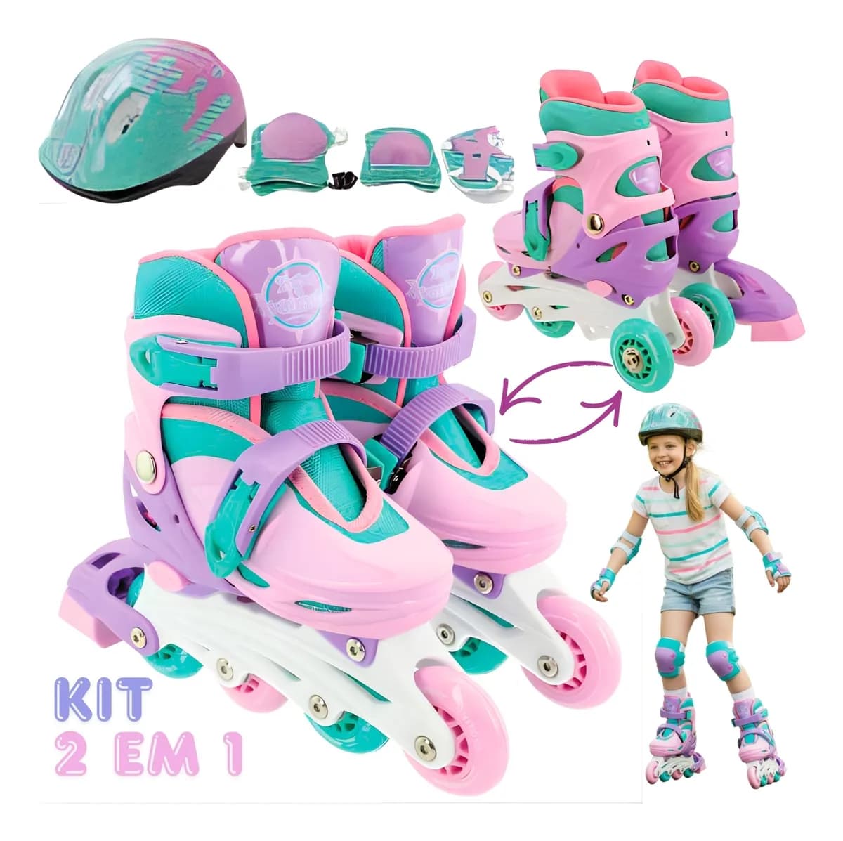 Patins Feminino 2 Em 1 Inline Roller Capacete Kit Segurança 30-33 65 Mm Rosa
