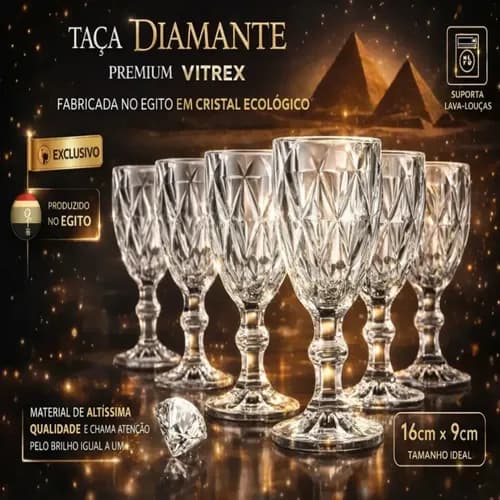 Jogo 6 Taças de Cristal 340ml Diamond Transparente Lapidado Vitrex