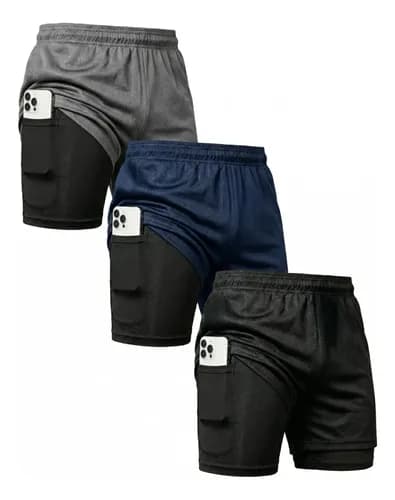 Kit 3 Shorts 2 Em 1 Duplo Bolso Para Academia Treino Corrida