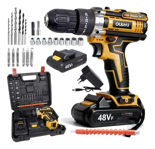 Parafusadeira Furadeira 48v Profissional 2 Baterias Sem Fio Amarelo