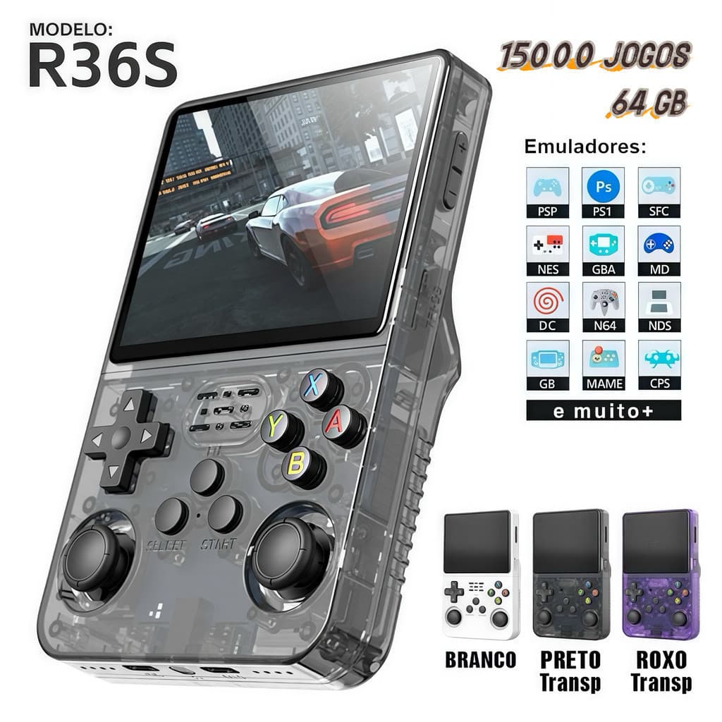 Console Portátil R36S + 15.000 Jogos 64g Tela IPS 3.5 Polegadas