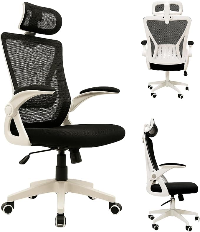 Cadeira de Escritório Ergonômica Giratória, Encosto de Cabeça Ajustável, Estofado Mesh, Tipo Presidente Confortável, Mecanismo de Elevação a gás, Inclinação, Preta e Branca | HYATTO OFFICE |