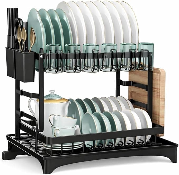 Escorredor de Louça 2 Andares em Aço Preto Porta Pratos Copos Talheres com Suporte para Tábua – Alta Capacidade e Bandeja Coletora