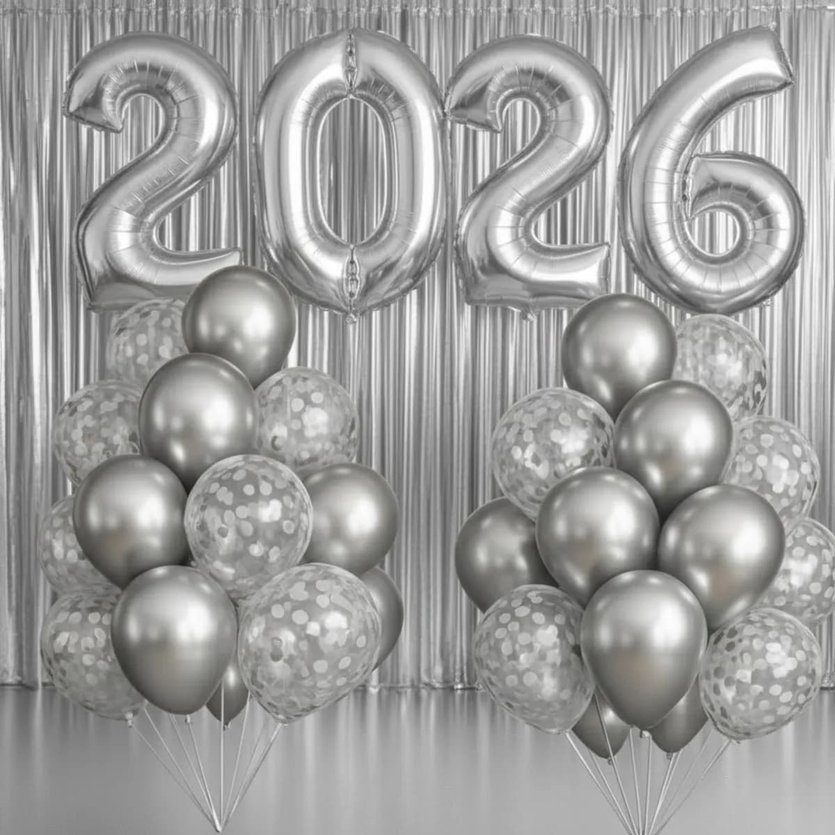 Kit Balão 2026 2 Cortina Metalizada 10 Balões - Ano Novo