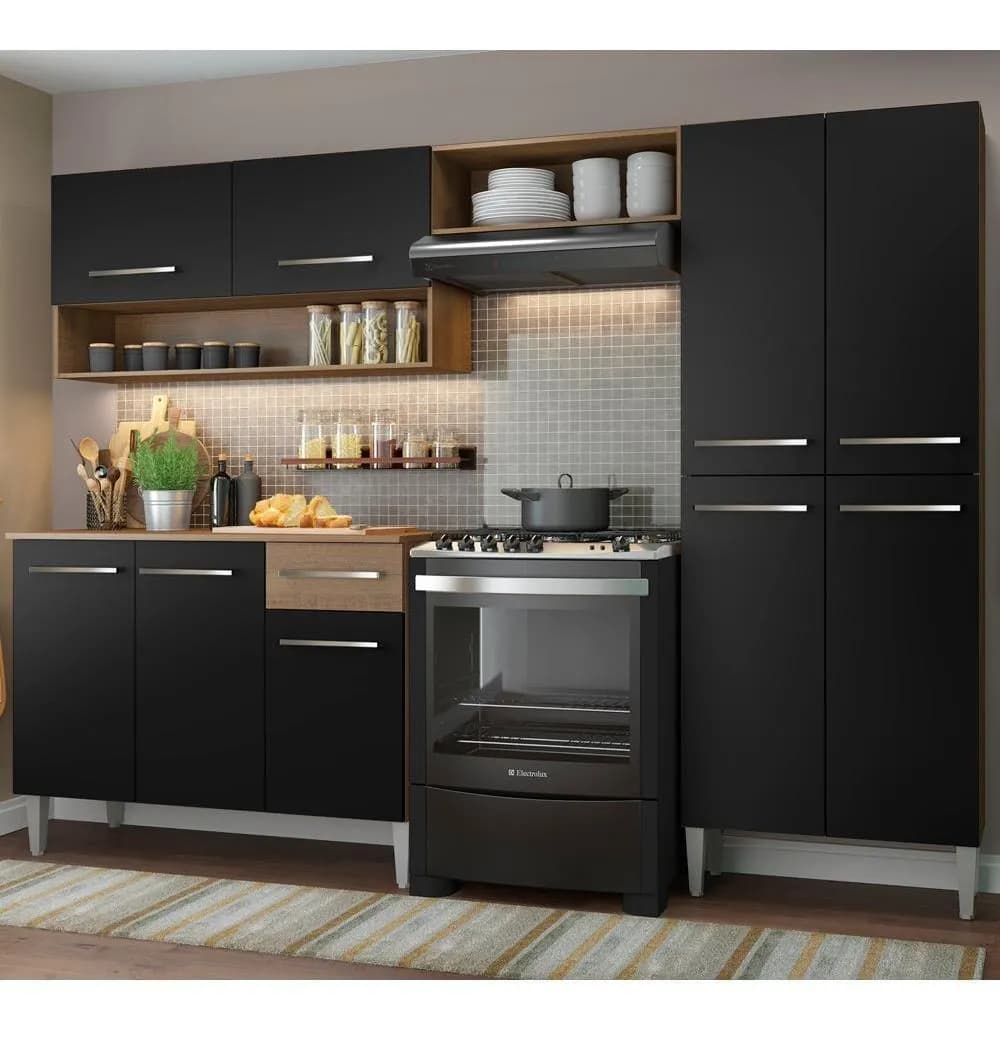 Armário de cozinha modulada completa compacta Emilly pop com armário e balcão cor rustic/preto GREM229002