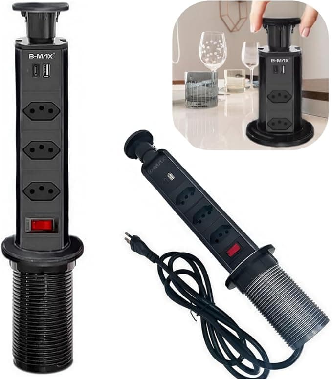 Torre De Tomadas Multiplug com 3 tomadas Usb Usb C de Embutir Mesa Bancada escritorio (PRETA)