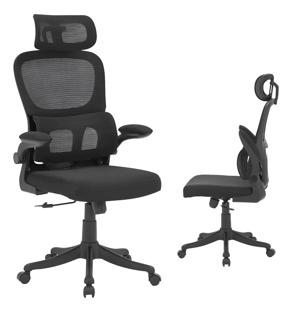 Cadeira de Escritório Ergonômica Com Apoio Lombar e Apoio de Cabeça preta com estofado de mesh