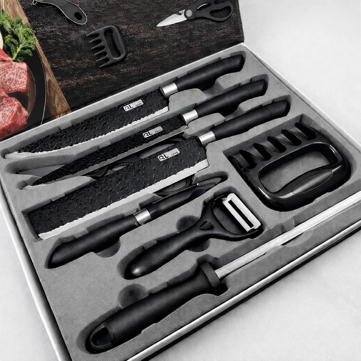 Kit Churrasco Premium 8 Peças – Conjunto Profissional de Facas Gourmet em Aço Inoxidável com Lâminas Antiaderentes e Corte Navalha (Preto)