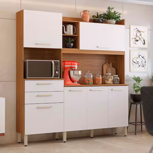 Cozinha Compacta Demóbile Savoy com 6 Portas, 2 Gavetas e 2 Prateleiras - 178cm de largura - Amêndoa e Branco
