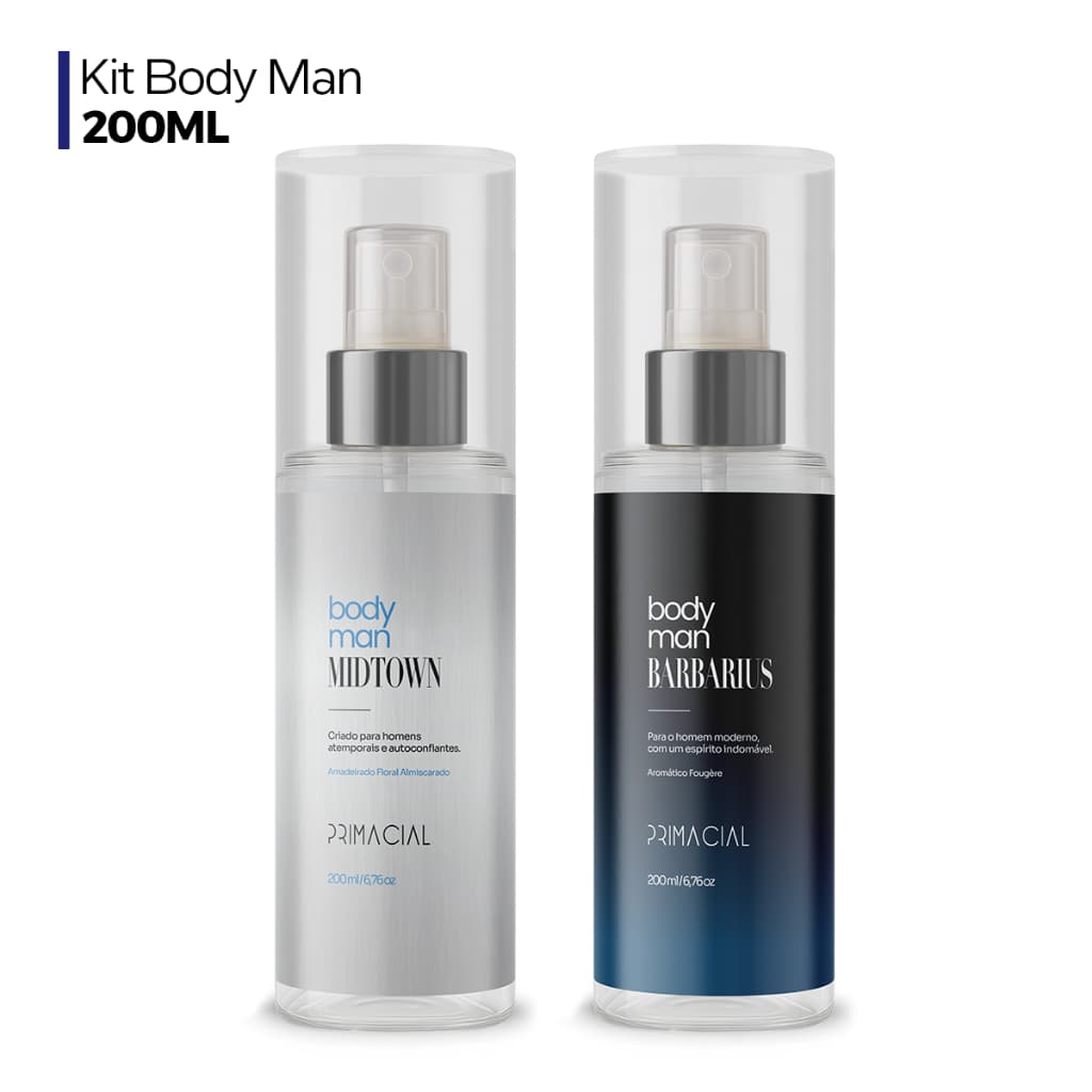KIT BODY SPLASH MASCULINO BARBARIUS E MIDTOWN 200ML - PRIMACIAL PERFUME FRESCO AMADEIRADO