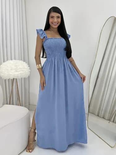 Vestido Longo Feminino Casual Lastex Alcinha Fenda Barato