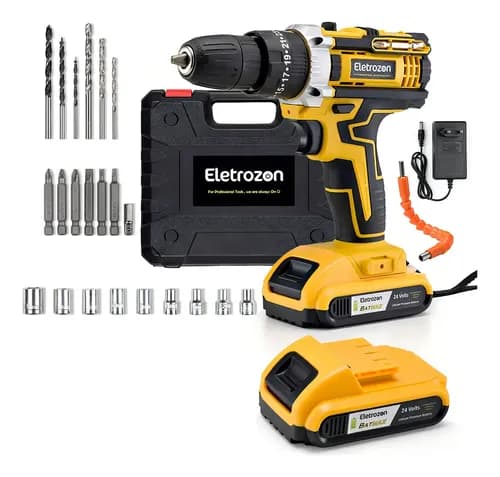 Kit Parafusadeira Furadeira De Impacto Profissional Com Luz 2 Baterias 24v Com Maleta + Acessórios