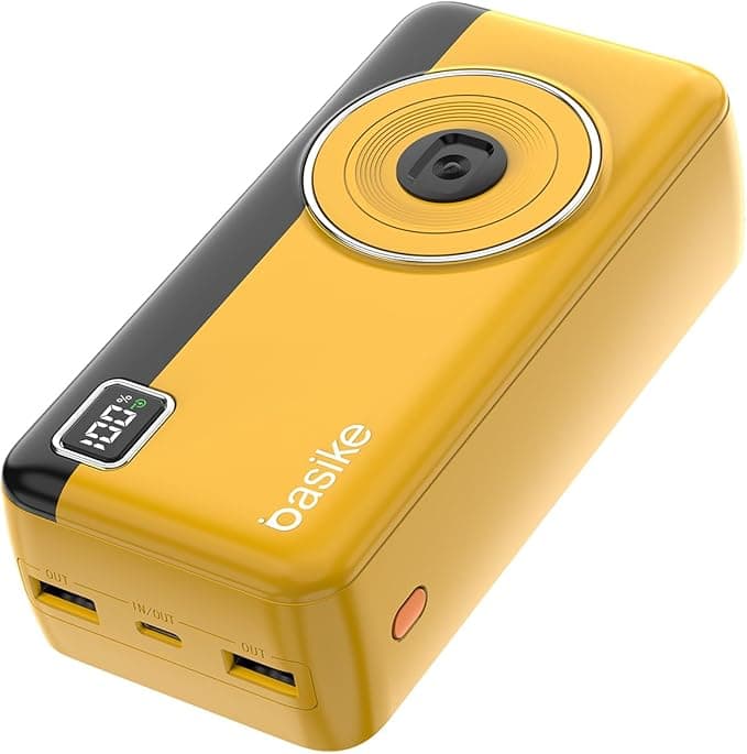 Power Bank 30000mAh, Basike Carregador Portátil 2 Saídas USB-A(até 22.5W) Tipo-C(até 22.5W) com Cabo, Carregamento Rápido, Led Indicador de Bateria Proteção Inteligente (Amarelo)