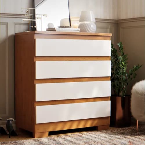 Cômoda Imperial 4 Gavetas Branco e Nature Off White Quarto MDF MDP Moderna Compacta Organização Roupas Linho Sapatos Infantil Juvenil Adulto