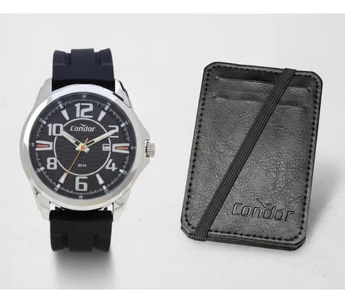 Kit Relógio Masculino Com Carteira Co2117bg/k5p Condor Preto Prata Preto