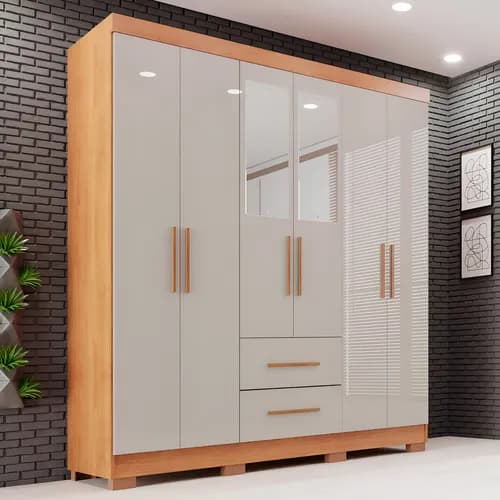 Guarda-roupa Casal com Espelho 6 Portas 2 Gavetas Sallêto Cinamomo/Off White
