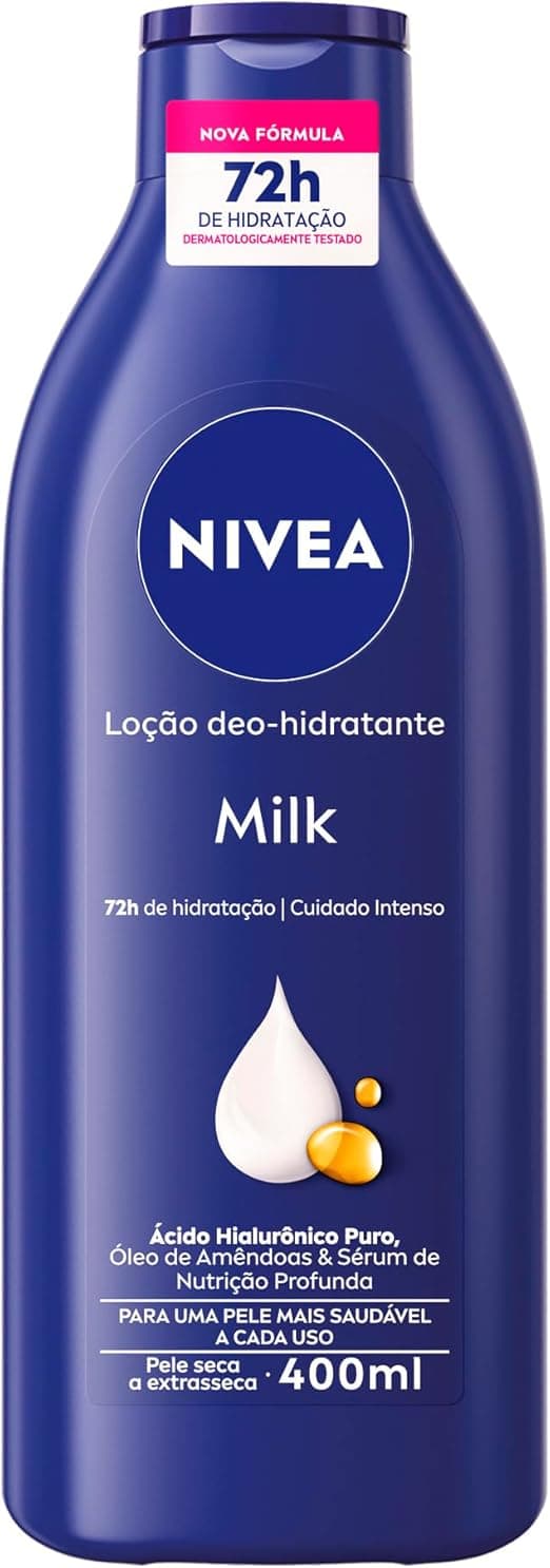 NIVEA Loção Deo-Hidratante Milk 400ml, Hidratação Profunda 72h, Hialurônico Puro, Corporal, Pele Seca e Extrasseca