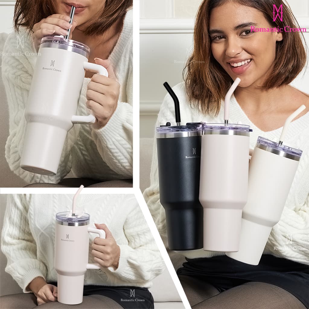 ROMANTIC CROWN Copo Térmico Inox 600ml/1.2L com Tampa Hermética e Canudo Anti Vazamento de Aço Inoxidável