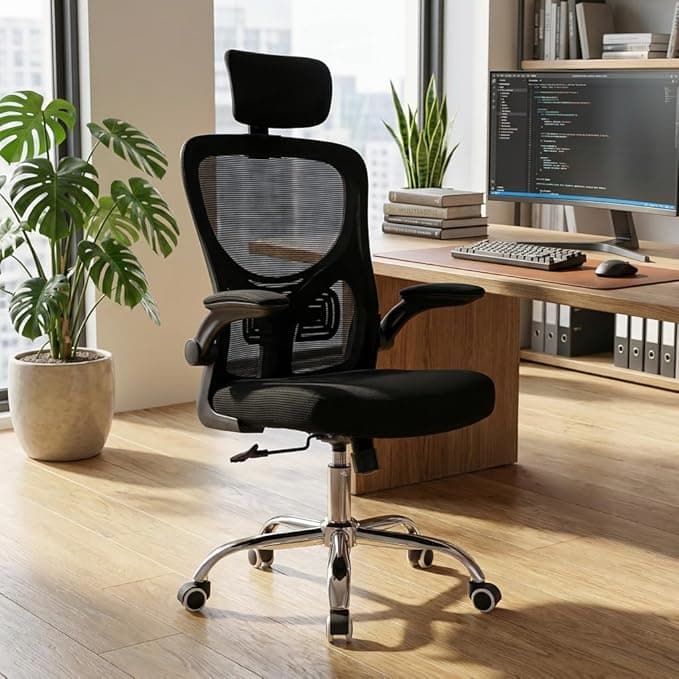 Cadeira de escritório ergonômica Bari com apoio de cabeça 2D, tela mesh respirável, apoio lombar, braços ajustáveis, giratória, reclina 180° e suporta até 120kg (Preta)