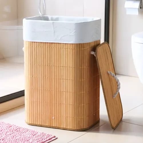 Cesto De Roupa Suja Bambu 72 Litros Dobravel Forro Antimofo