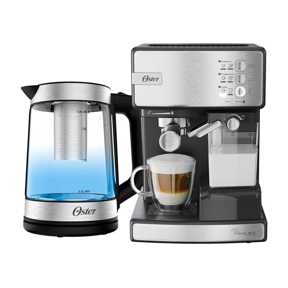 Kit Inox Cafeteira Espresso Nova Primalatte E Chaleira Oster Tea 1,8L 220V