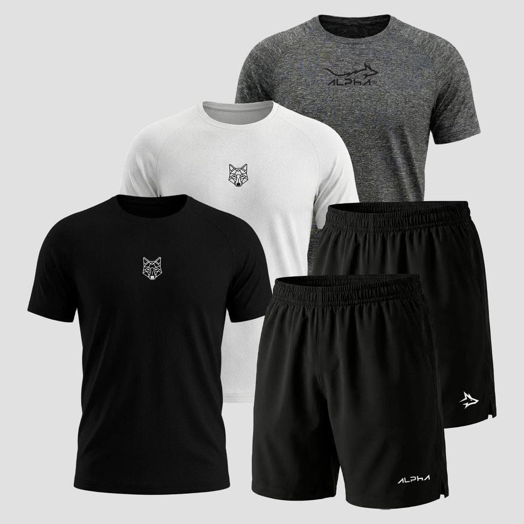 Kit 5 Peças Dry Fit 3 Camisetas e 2 Bermudas Alpha