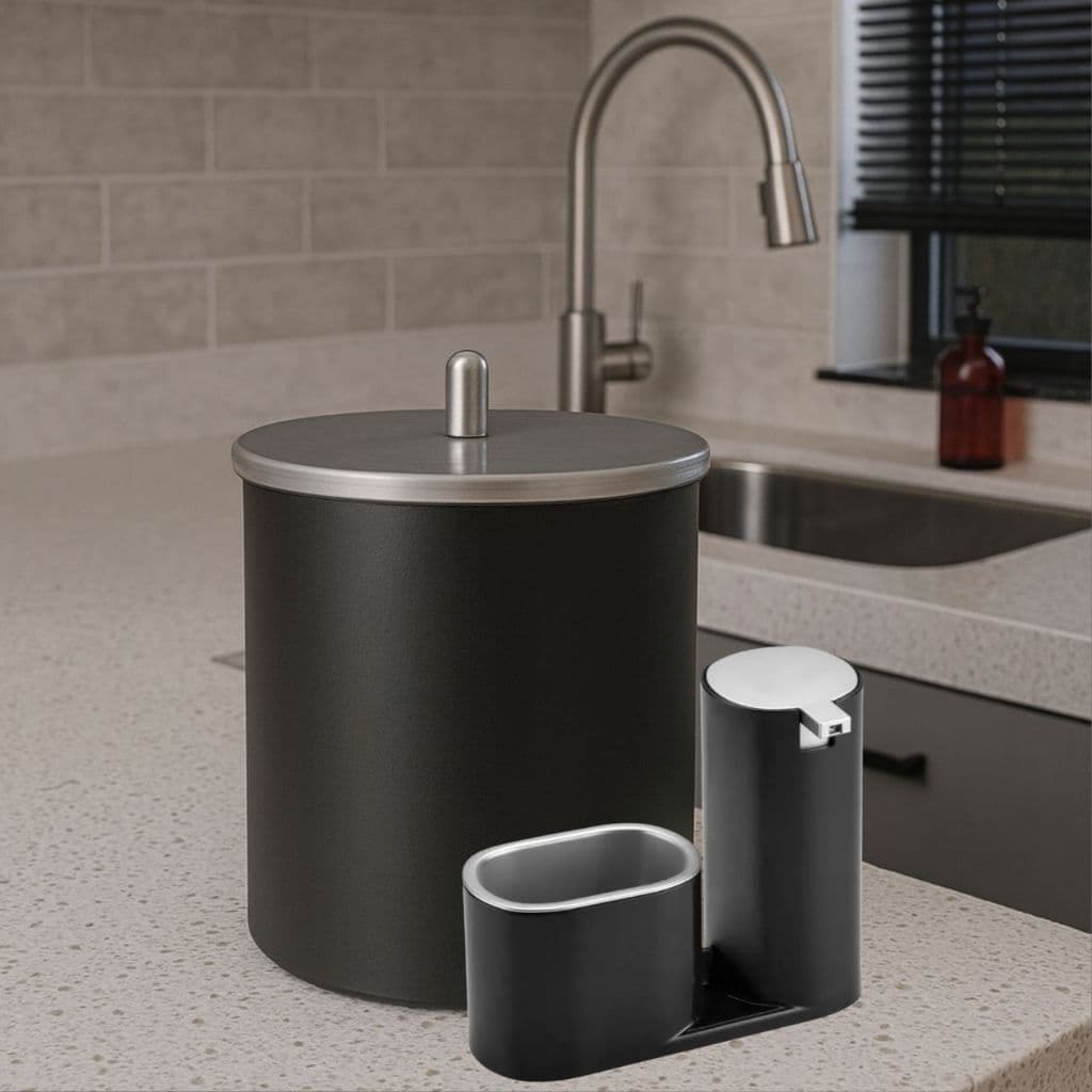 Kit Lixeira Cozinha 5L E Dispenser Porta Detergente Luxo