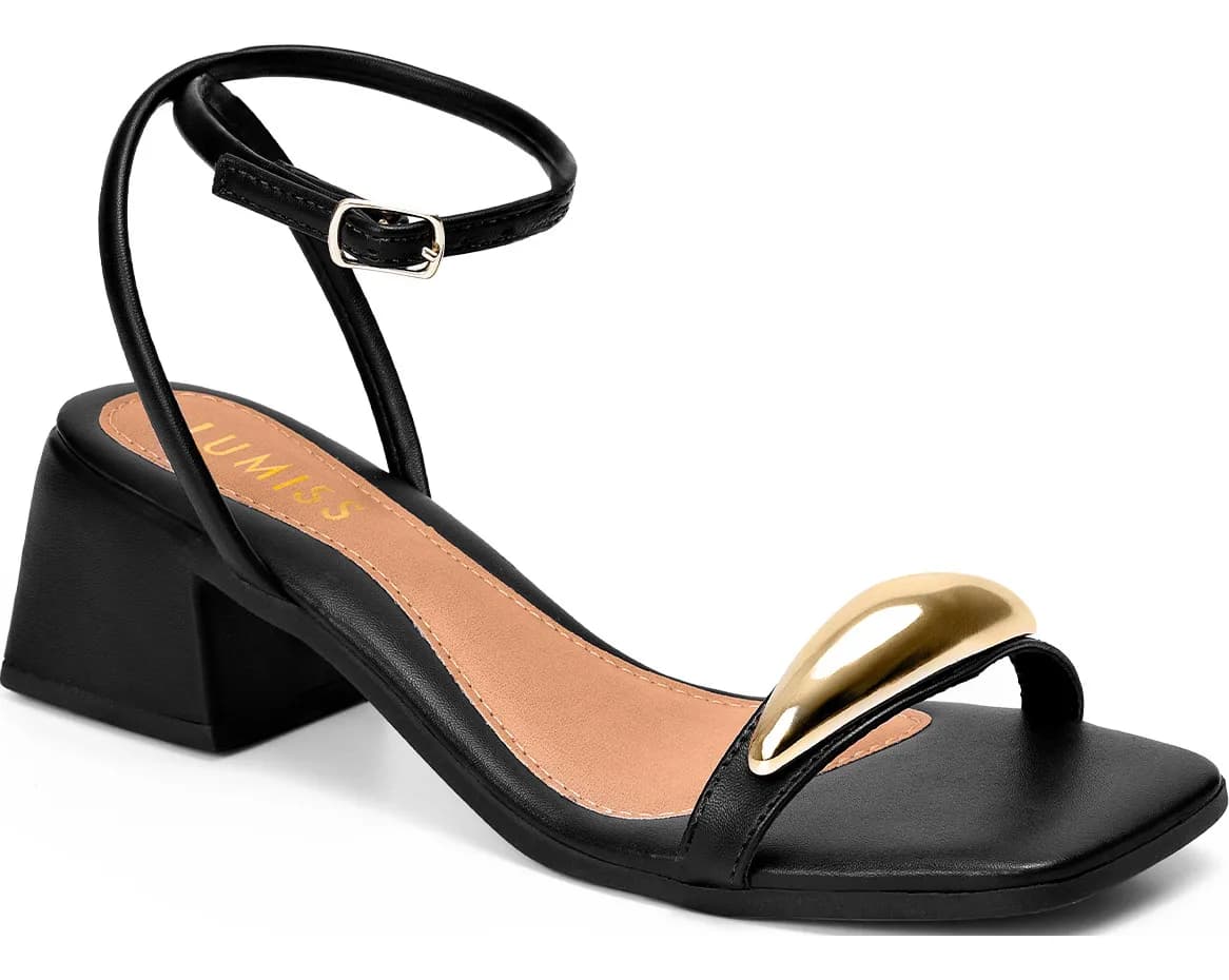 Sandália Feminina Salto Baixo Bloco Enfeite Metalizado