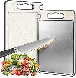 Tábua de Corte Inox Cozinha Dupla Face Aço Inoxidável e PP, Superfície Higiênica para Carnes, Frutas e Vegetais, Afiador Integrado Base Antiderrapante e Alça Ergonômica Premium
