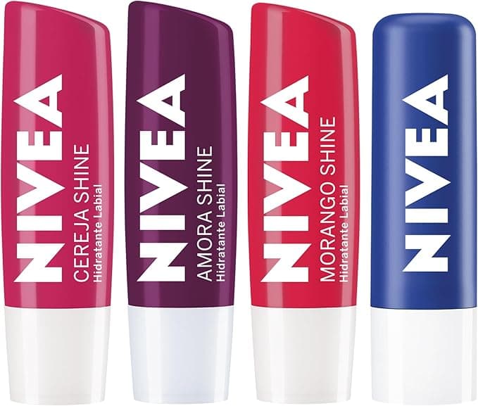 NIVEA KIT Hidratante Labial Original Care (4,8g) Amora Shine (4,8g) Cereja Shine (4,8g) Morango Shine (4,8g), Kit Hidratação Labial