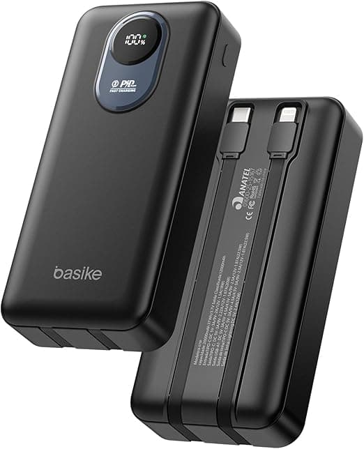 Basike Power Bank 20000mAh, Carregador Portátil com Carregamento Rápido, USB-C (máx. 20W, PD) USB-A (máx. 22,5W QC), Inclui 2 Cabos Embutidos (USB-C e Lightning), Proteção Múltipla – Preto