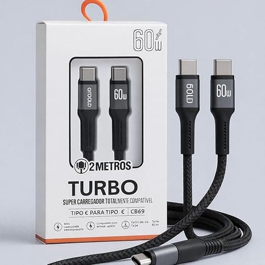Cabo USB-C 2 Metros Tipo C Turbo 60W Ultra Rápido Nylon Reforçado