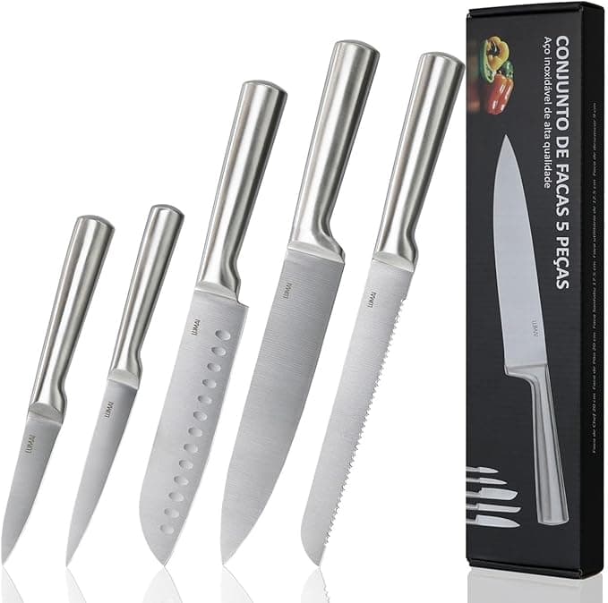 LUMAI Original Conjunto de 5 Facas Grandes de Cozinha Zurich Robusto em Aço Inoxidável 3CR13 com Lâminas Inteiriças – Forja Prolongada para Robustez