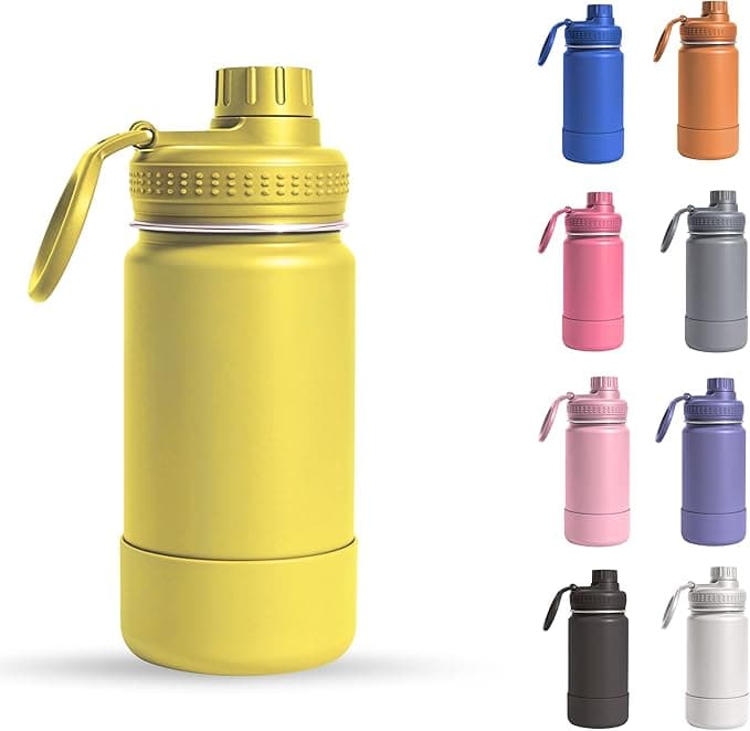 Garrafa Térmica Infantil - 350ml, Aço Inox 304 Parede Dupla de Isolamento 24horas Gelado, Tampa Rosca De Segurança, Anti Vazamento, Base Silicone AntiDerrapante, BPA Free (Amarelo)