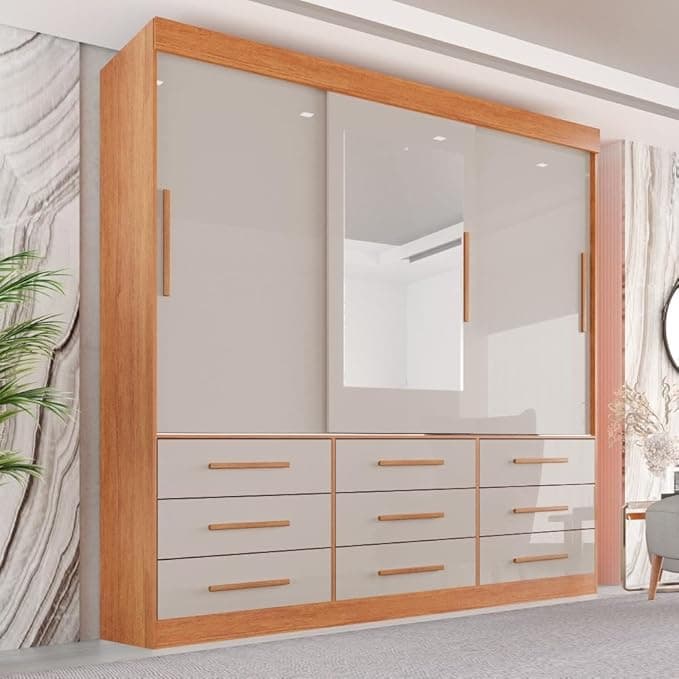 Guarda Roupa Casal 3 Portas 9 Gavetas com Espelho Luana Sallêto Móveis Cinamomo/off White