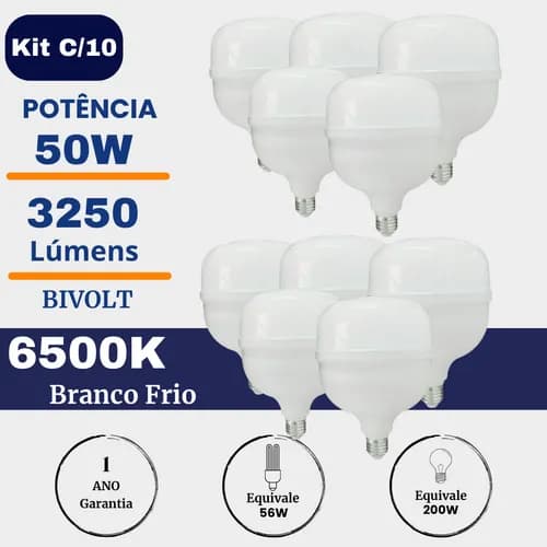 Kit 10 Lâmpadas Led Alta Potência 50w Branco Frio 6500k