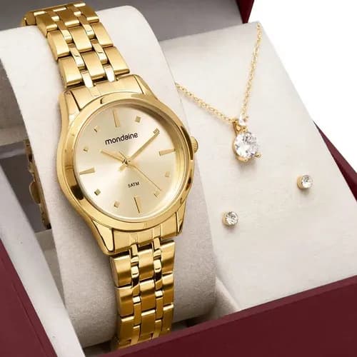 Kit Relógio Mondaine 32611LPMKDE1K1 Dourado Colar e Brincos