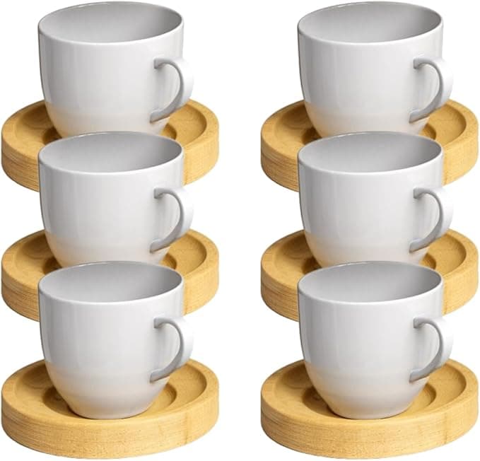 Jogo 6 Xicara Cafe Colorida Porcelana Pires Madeira 95ml - Mundo Da Porcelana (Branca)