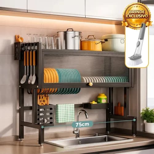 Escorredor De Louça Suspenso Grande para Copos Talheres e pratos Organizador De Pia Cozinha 75cm Armário Cor Preto Escova Brinde Brielli Home