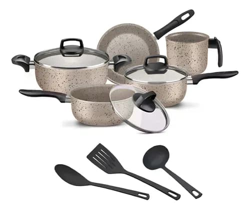 Jogo De Panelas 8 Peças Teflon Antiaderente C Tampa De Vidro Cor Ceramic