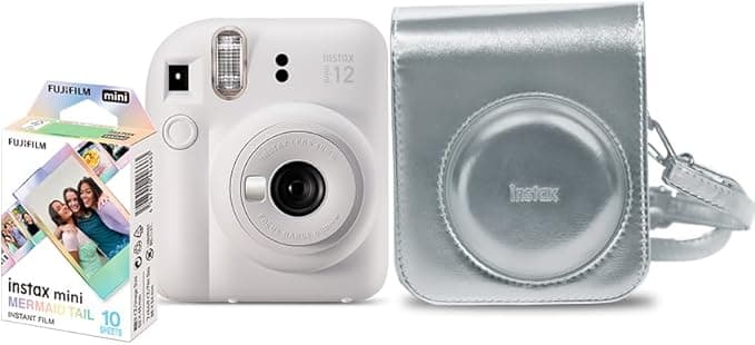 Kit Câmera Instax Mini 12 com pack 10 fotos Mermaid Tail e Bolsa Prateada