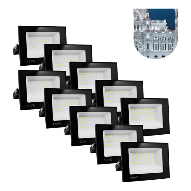 Kit 10 Refletor Led 100w Holofote Prova Dágua Frio Carcaça Preto Luz Branco-frio