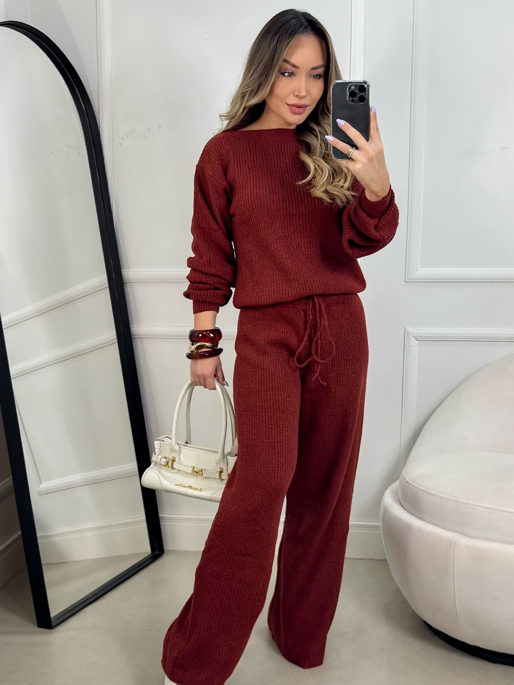 Conjunto Aerolook de Tricot Mousse Calça Pantalona Blusa Manga Longa de Frio Lançamento Inverno
